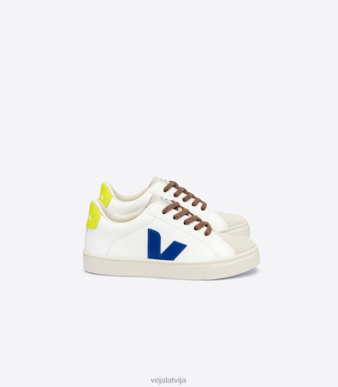 Veja bērni esplar mežģīnes bez hroma āda balta indigo jaune fluo 4846D341 kurpes