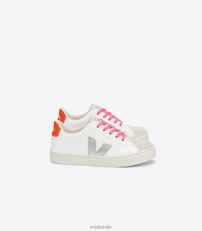 Veja bērni esplar mežģīnes bez hroma āda balta sudraba oranža fluo 4846D335 kurpes